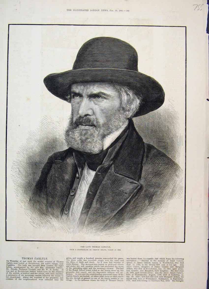 Original Old Antique Print 1881 Thomas Carlyle Photograph 19th
