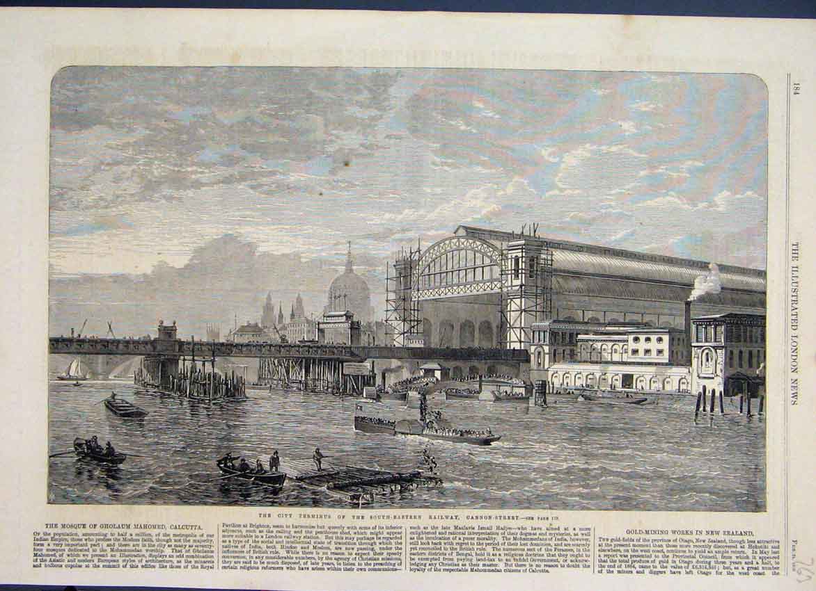 Original Old Antique Print 1846 Railway City Terminus Cannon Street Victorian