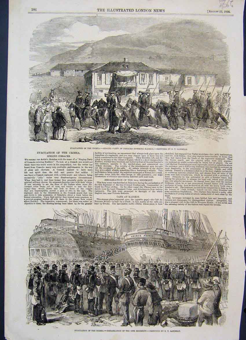 Old Antique Print 1856 Evacuation Crimea Cossacks Kadikol Horses Sketch 19th