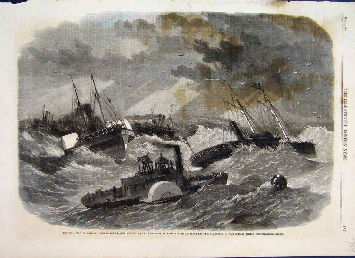 Old Antique Print 1862 Civil War America Ships Burnside Hatteras Sketch 19th