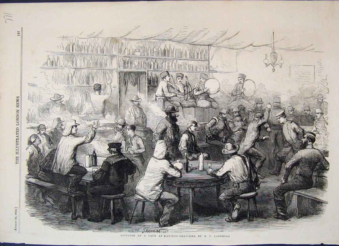 Old Antique Print 1856 Interior Kadikol Caf∆? Men Drinking Music Sketch 19th