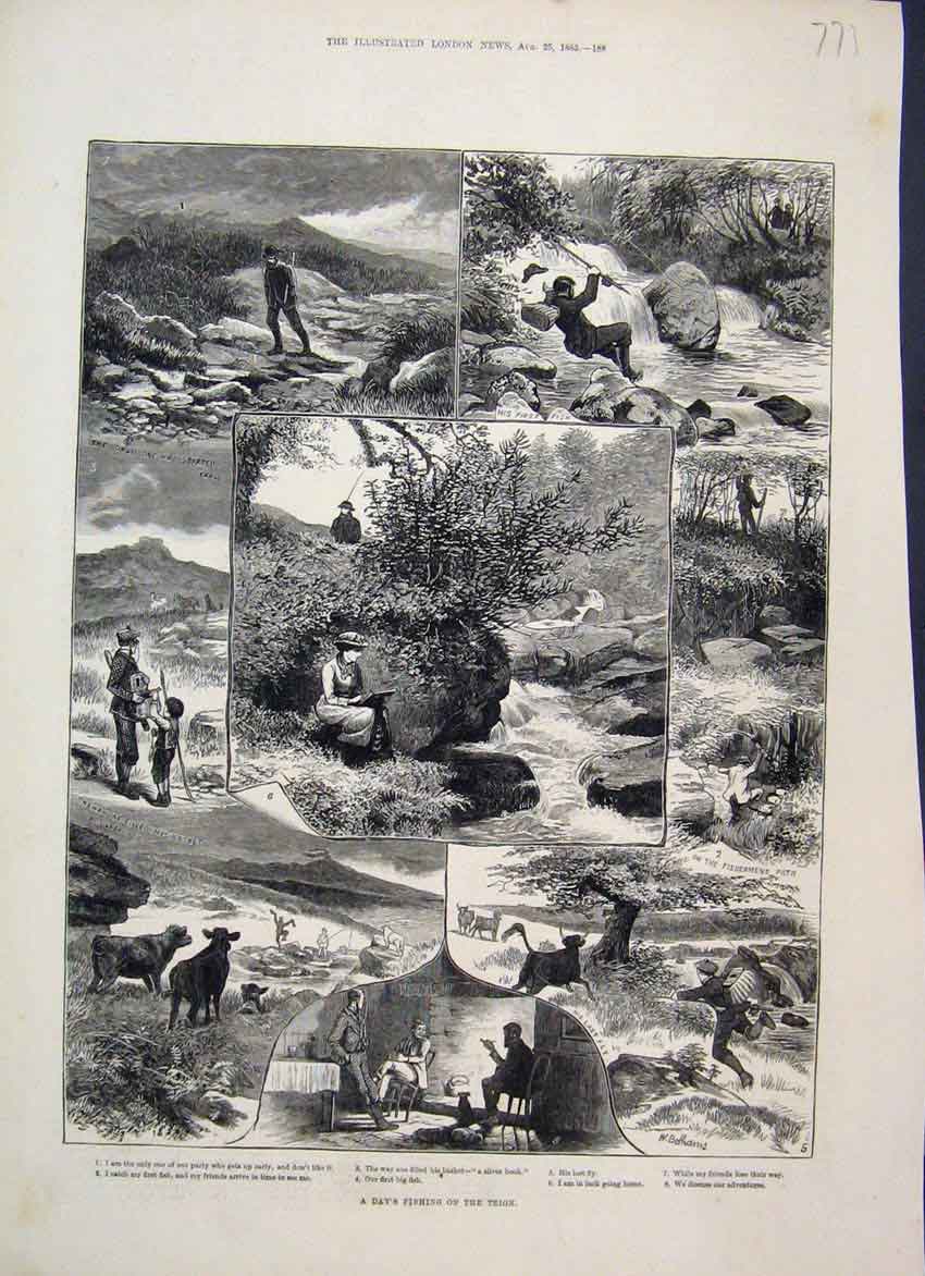 Original Old Antique Print 1883 Fishing Teign Cattle River Countryside 19th
