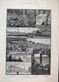 Original Old Antique Print 1884 London Workmens Houses Lawn Tennis Club Sketch