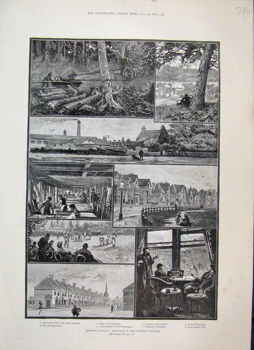 Original Old Antique Print 1884 London Workmens Houses Lawn Tennis Club Sketch