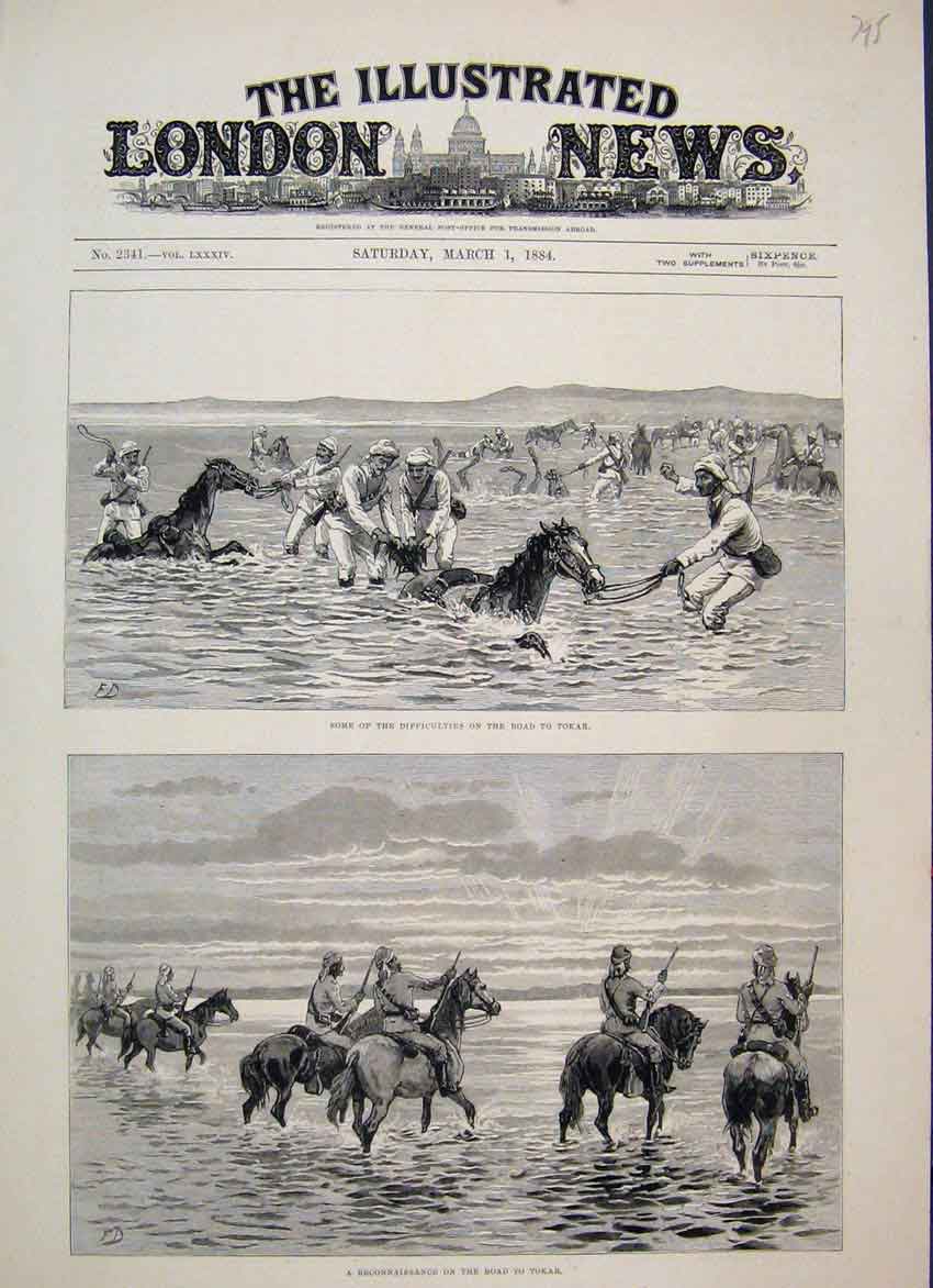 Original Old Antique Print 1884 War Soudan Horse Water Tokar Reconnaissance
