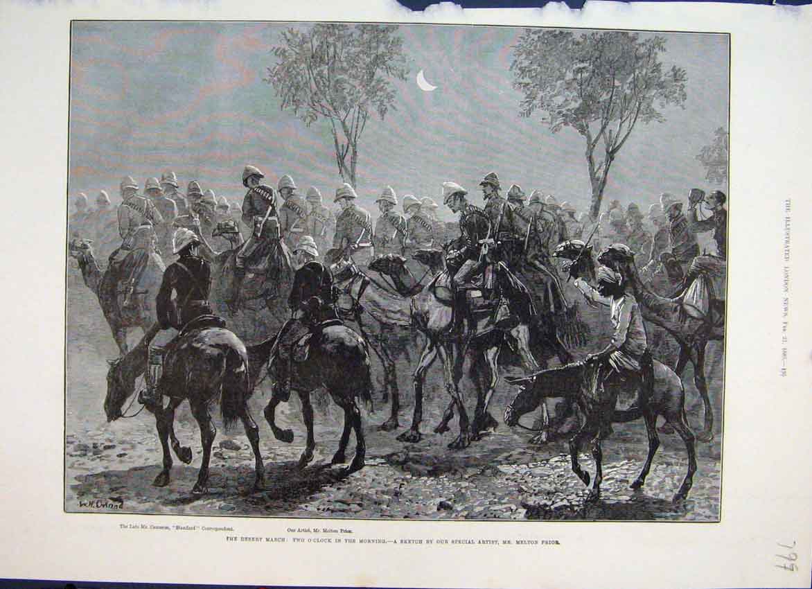 Original Old Antique Print 1885 Desert March Horses Camels Moon Fine Art 19th