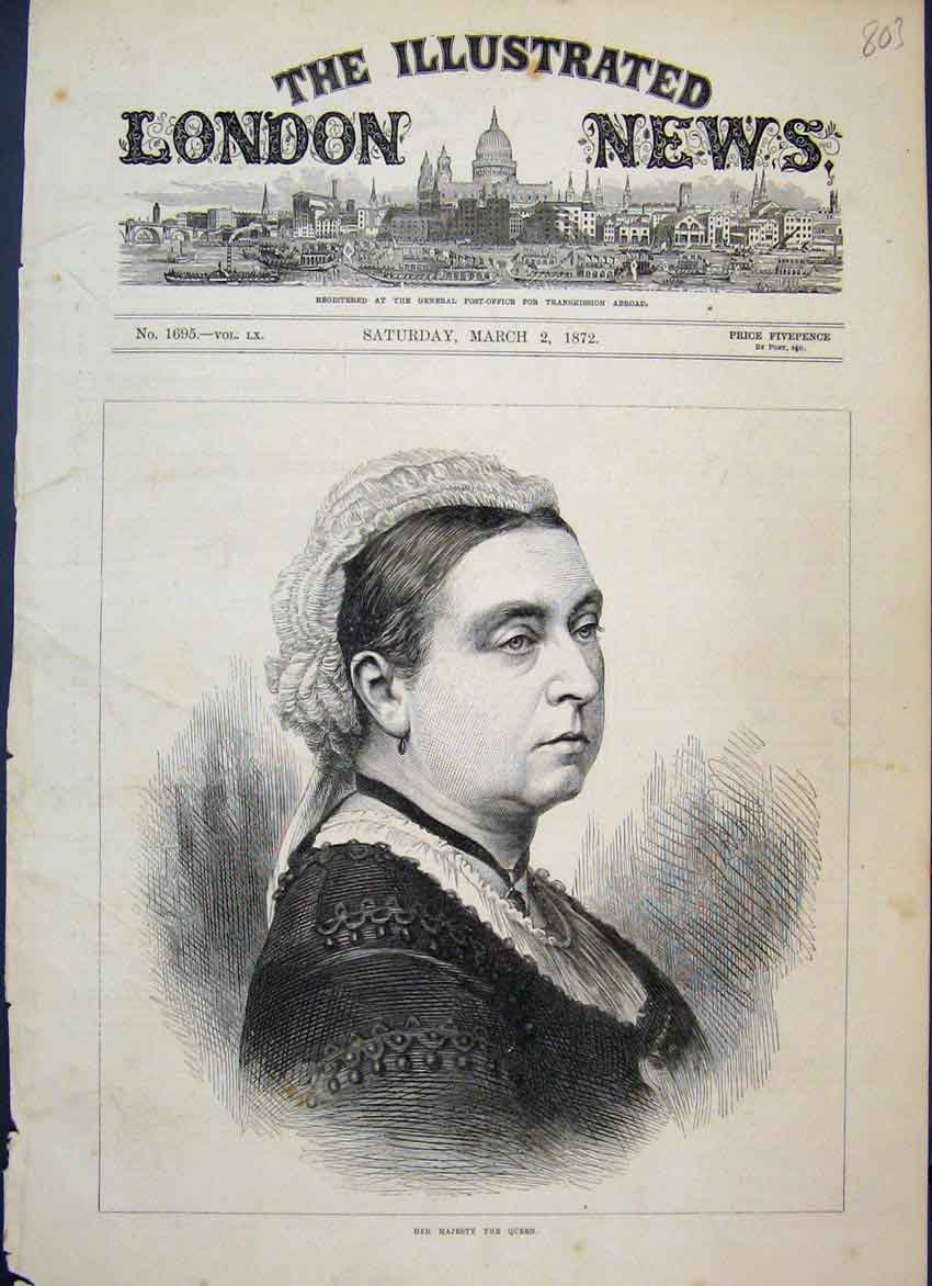 Original Old Antique Print 1872 Majesty Queen Portrait 19th Century