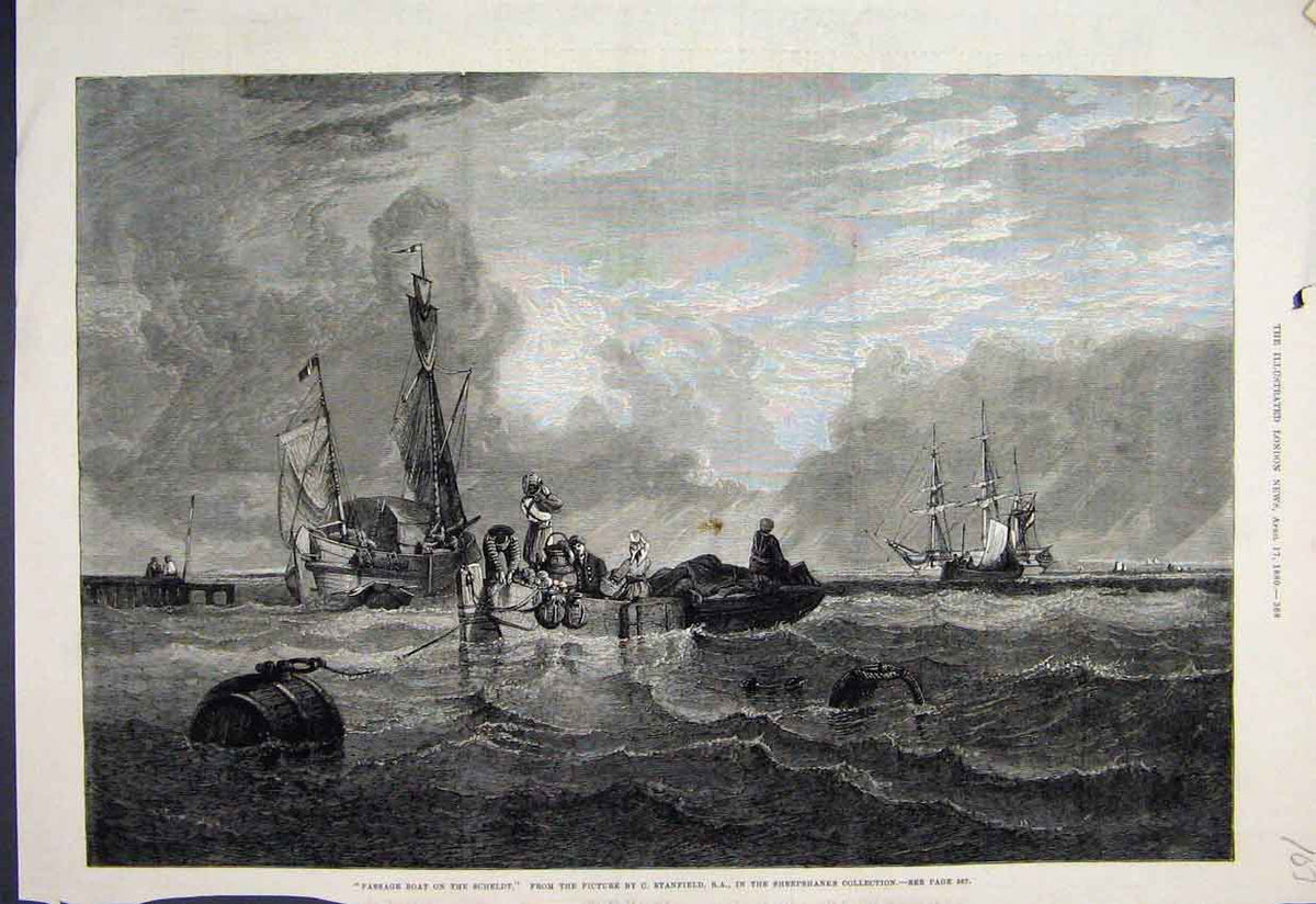 Original Old Antique Print 1880 Passage Boat Schelt Sheepshank Fine Art 19th