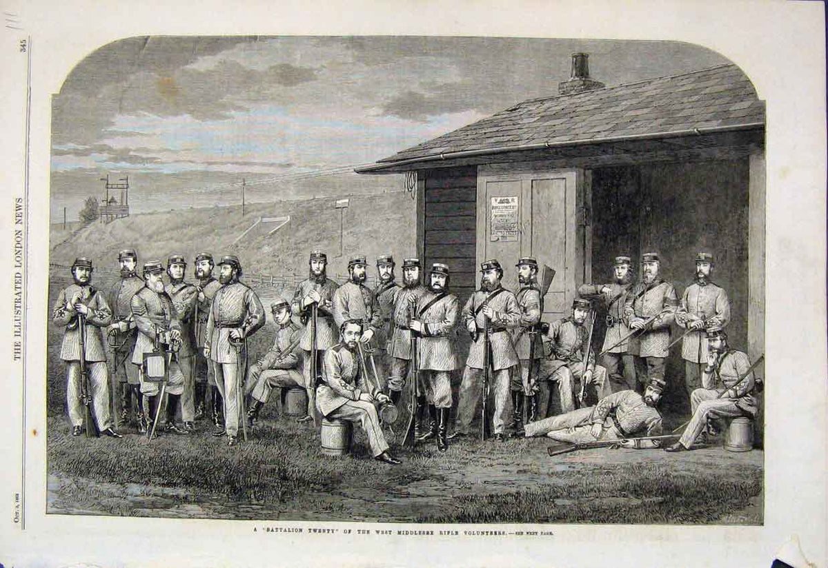 Original Old Antique Print 1863 Battalion Twenty Middlesex Volunteers Victorian