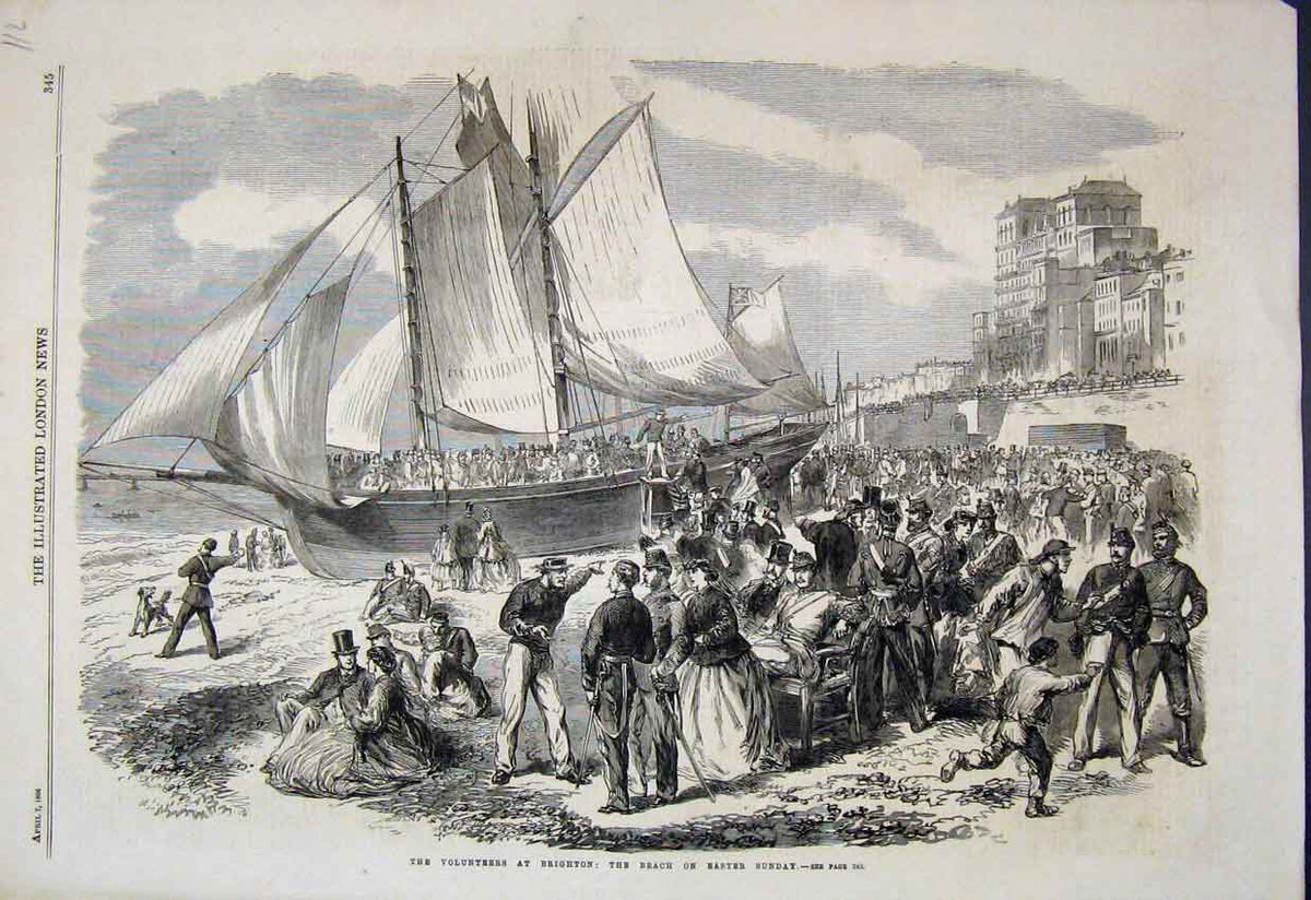 Original Old Antique Print 1866 Volunteers Brighton Beach Easter Sunday 19th