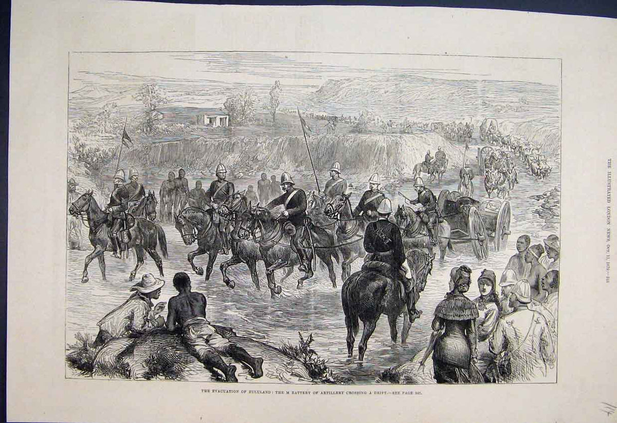 Original Old Antique Print 1879 Evacuation Zululand Artillery Horses Victorian