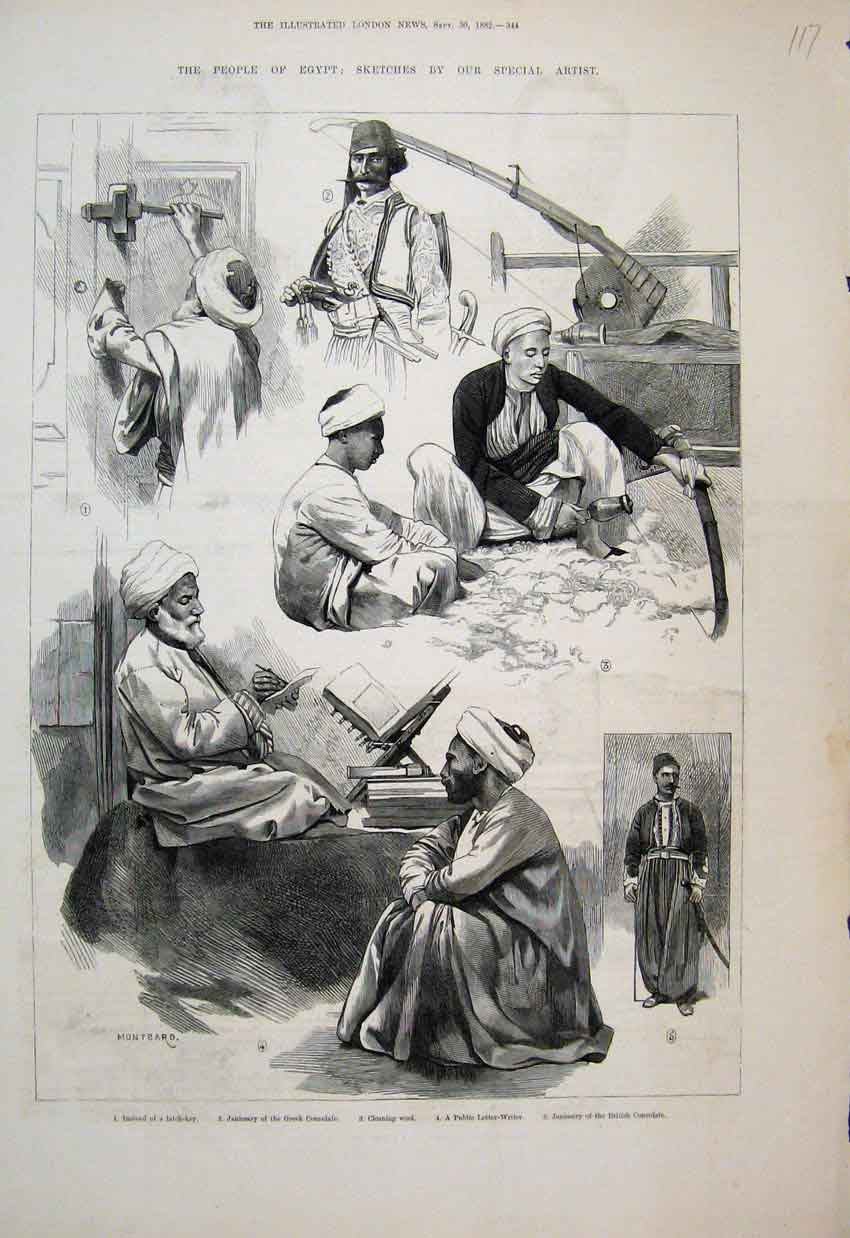 Original Old Antique Print 1882 Egypt Janissary Greek British Consulate Sketch