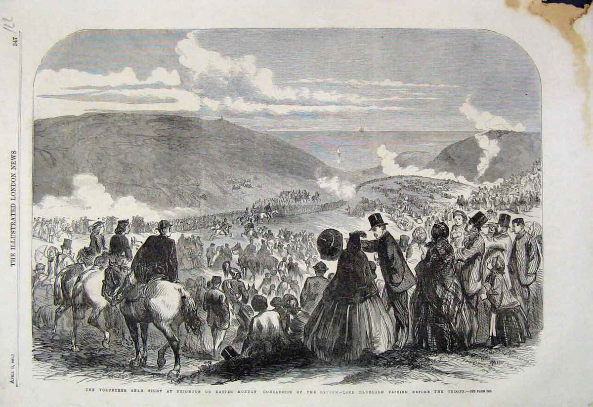 Original Old Antique Print 1861 Volunteer Shamfight Brighton Review Lord 19th