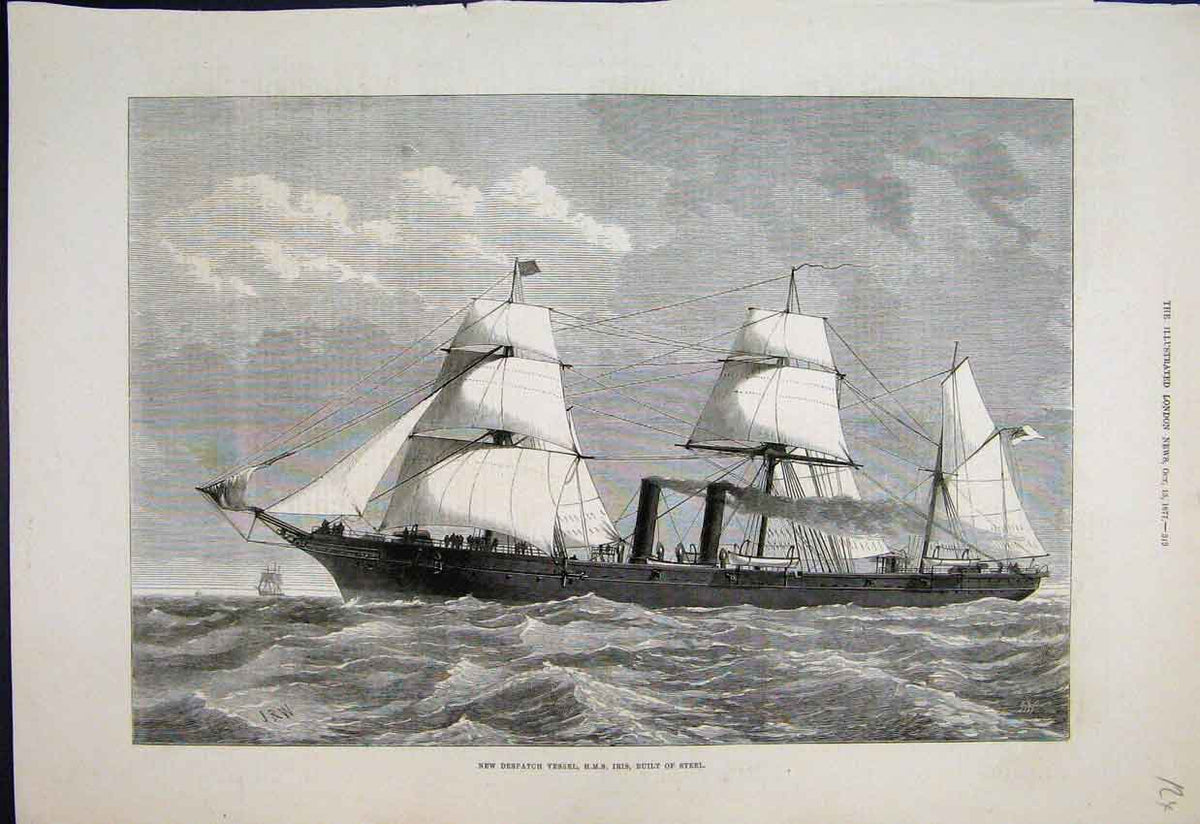 Original Old Antique Print 1877 Despatch Vessel Iris Steel Ship Ocean Victorian