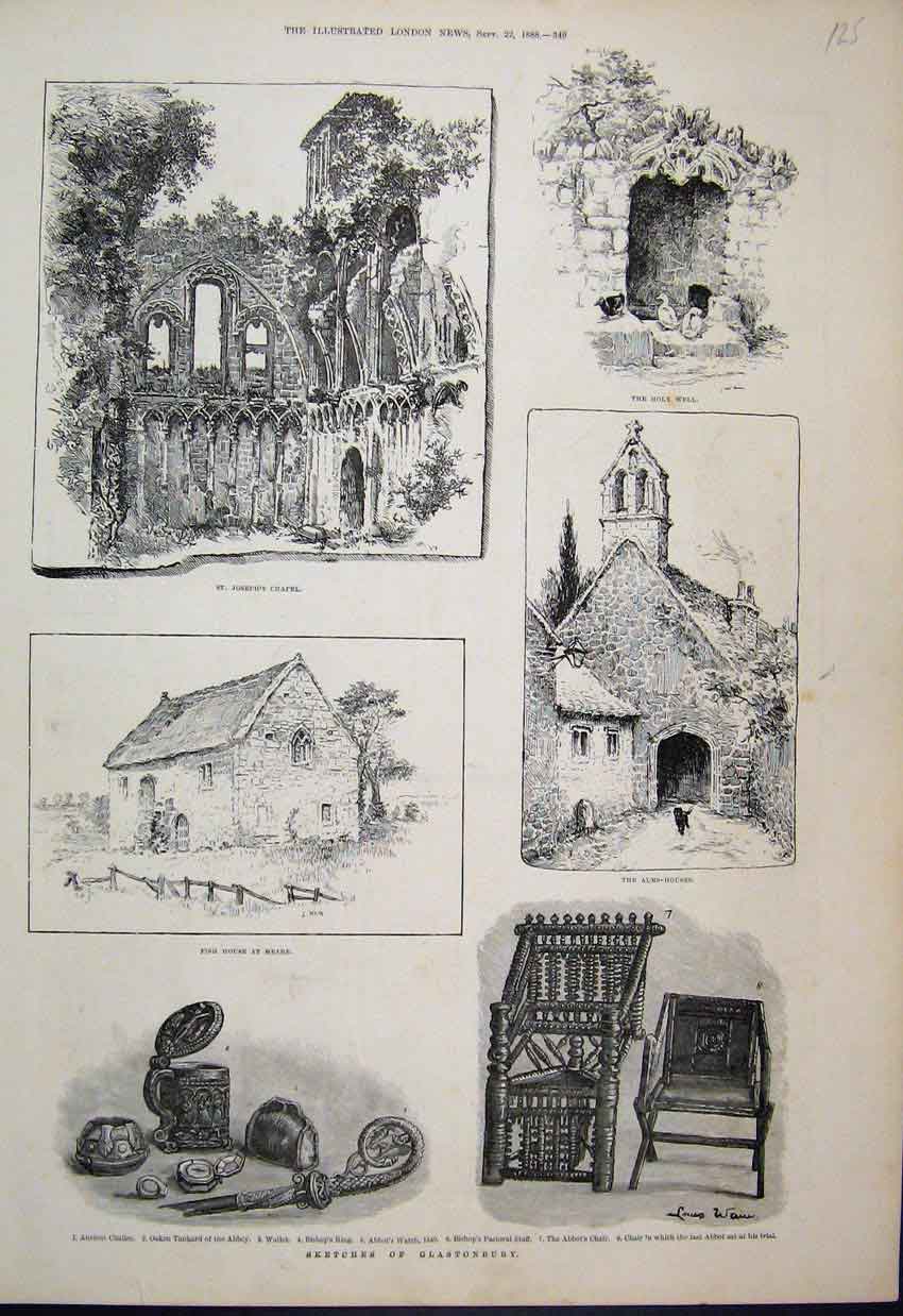 Old Antique Print 1888 Galstonbury Joseph Chapel Holy Well Abbot Sketch 19th