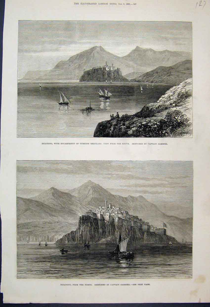 Original Old Antique Print 1880 Dulcigno Turkish Regulars North Ships Sketch