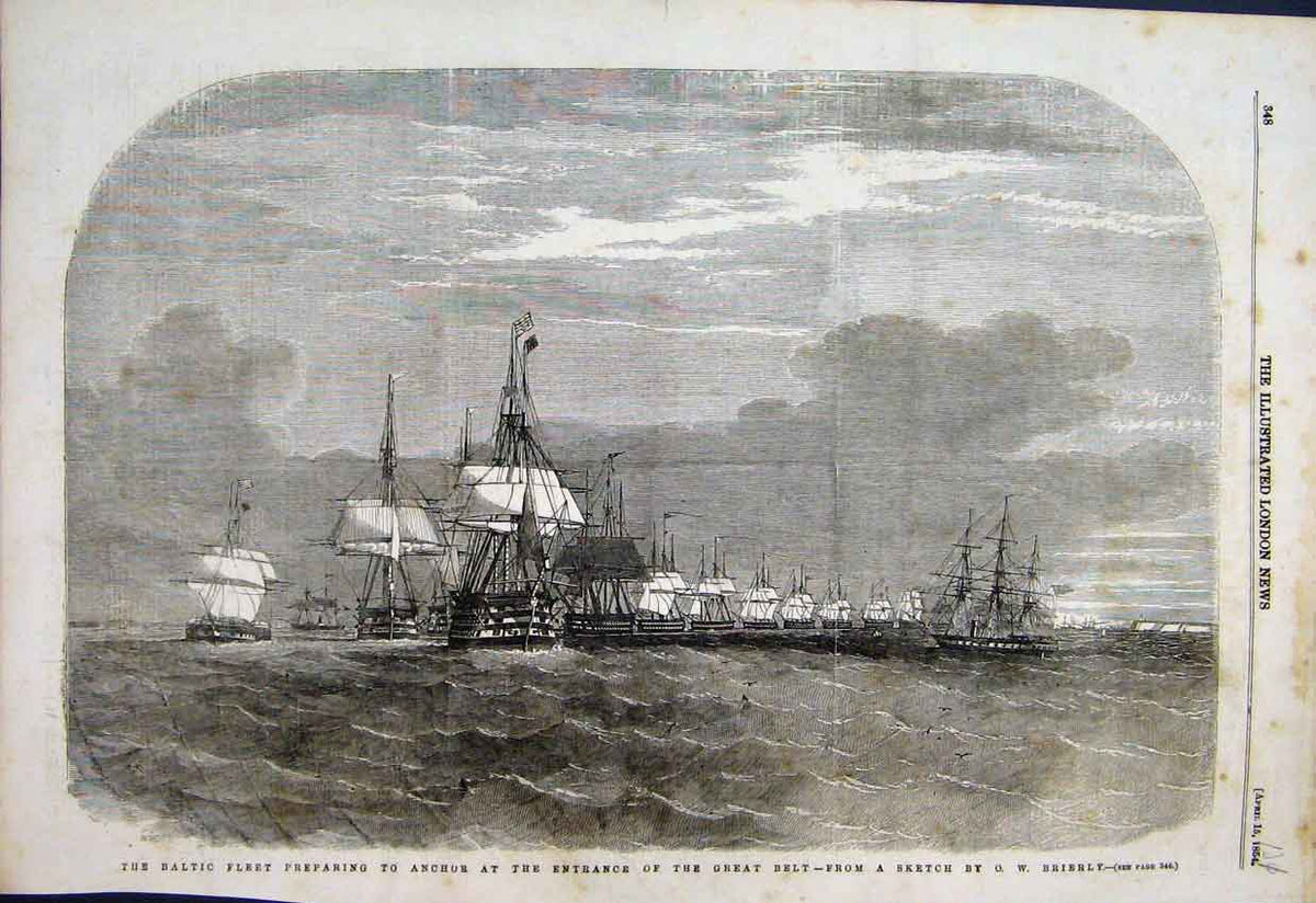 Original Old Antique Print 1854 Baltic Fleet Ships Entrance Green Belt 19th