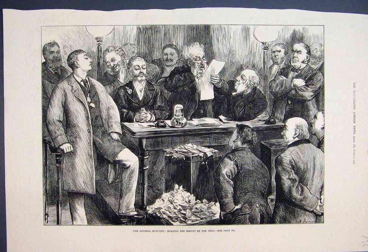 Original Old Antique Print 1880 General Election Reading Result Poll Victorian