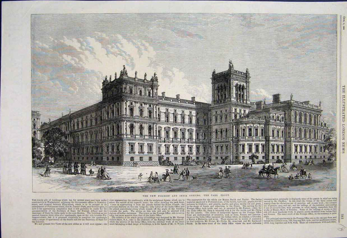 Original Old Antique Print 1866 Foreign India Offices Park Horses People 19th