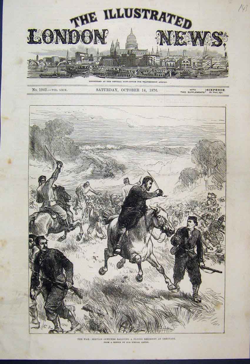 Old Antique Print 1876 War Servian Officer Regiment Greovatz Horse Sketch 19th