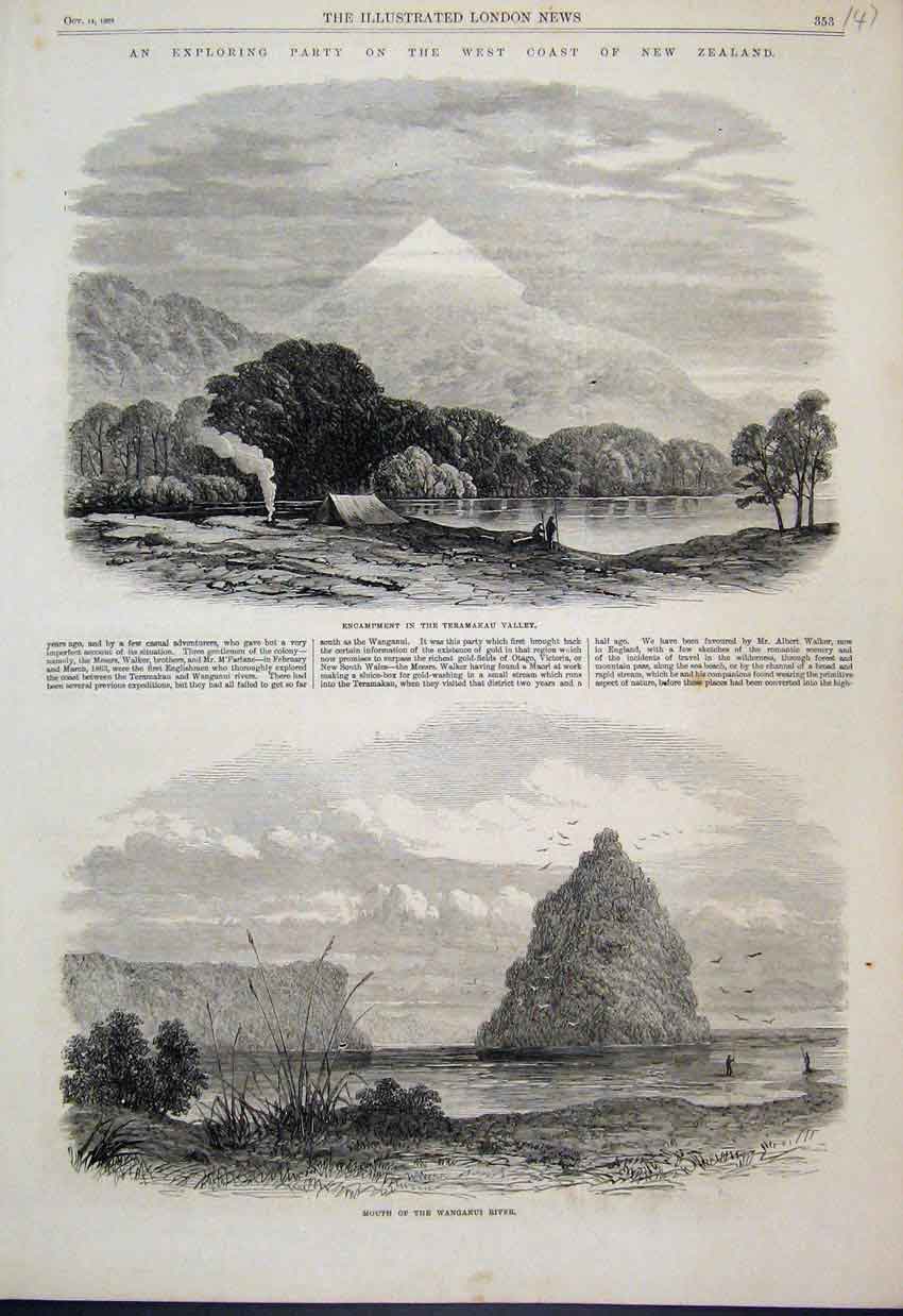 Original Old Antique Print 1865 Teramakau Valley Tent Wanganui River Victorian