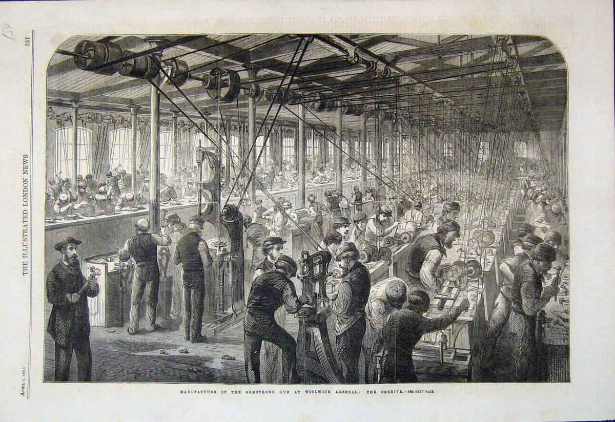 Original Old Antique Print 1862 Manufacture Armstrong Gun Arsenal Victorian