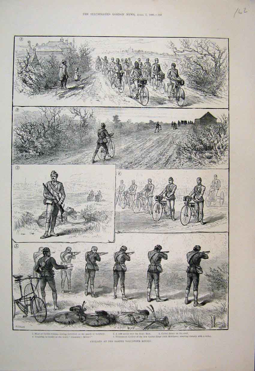 Original Old Antique Print 1888 Cyclists Easter Volunteer Review Rifles 19th
