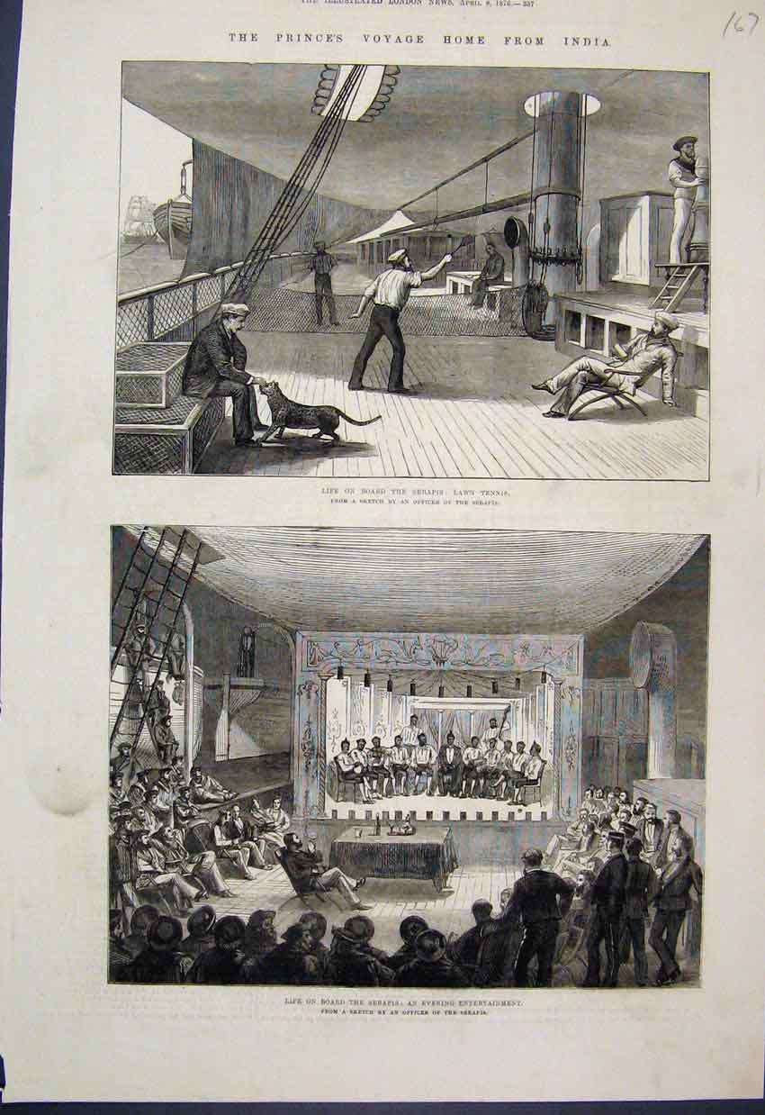 Old Antique Print 1876 Serapis Evening Entertainment Lawn Tennis Sketch 19th