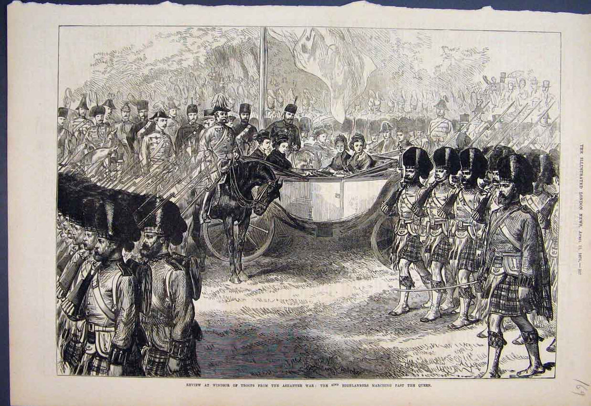 Original Old Antique Print 1874 Windsor Highlanders Marching Queen Horse 19th