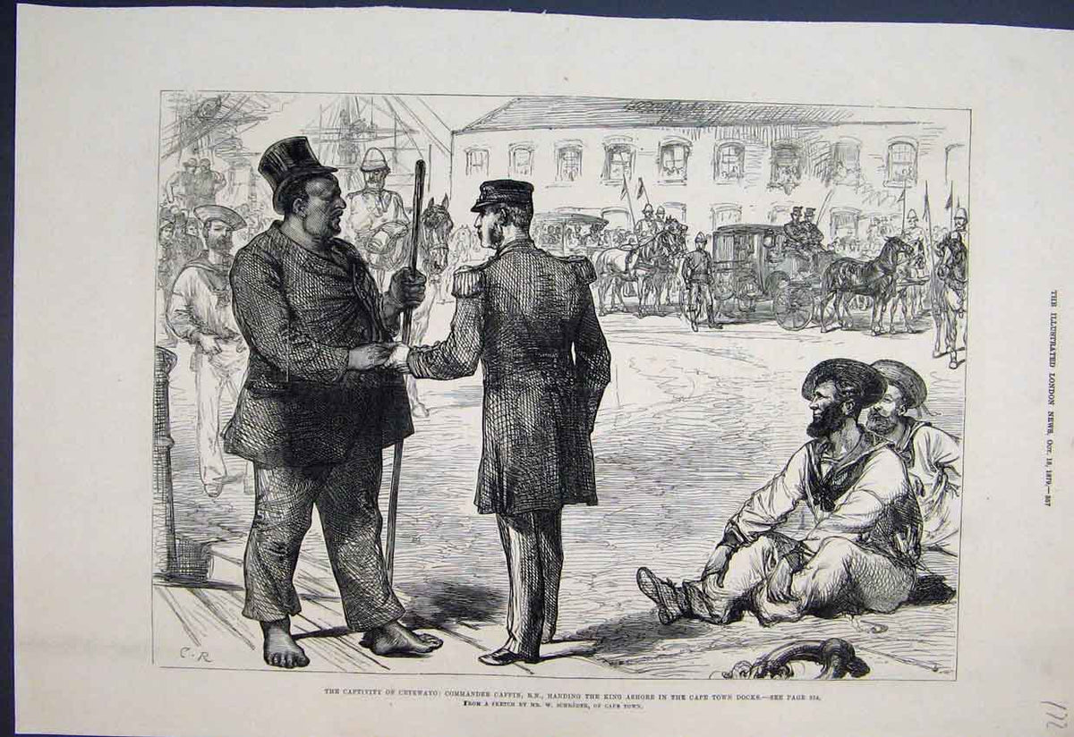 Original Old Antique Print 1879 Captivity Cetewayo Caffin King Cape Town Sketch