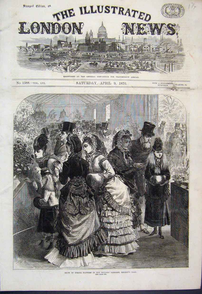 Original Old Antique Print 1870 Show Spring Flowers Botanic Regent Park 19th