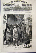 Original Old Antique Print 1877 Men Reading Placards Stramboul Dog War Sketch