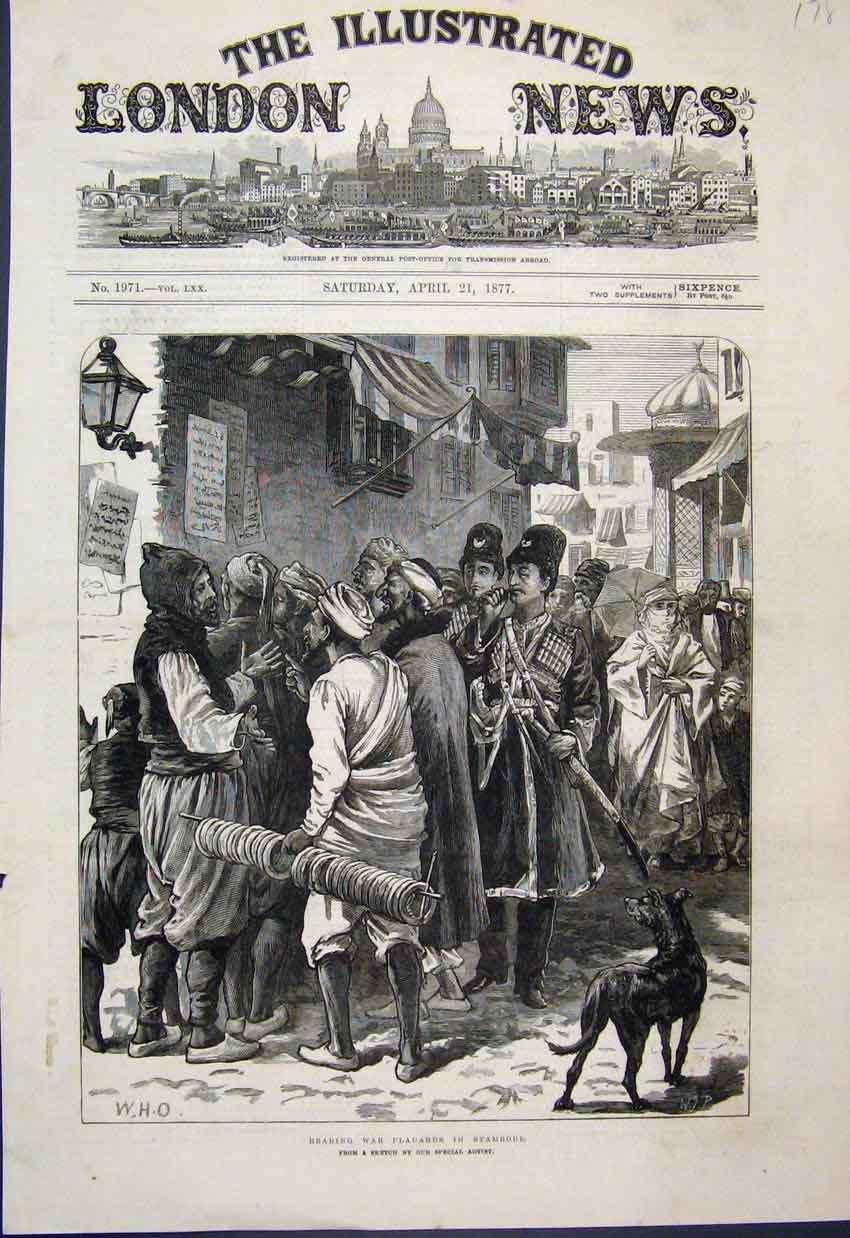 Original Old Antique Print 1877 Men Reading Placards Stramboul Dog War Sketch