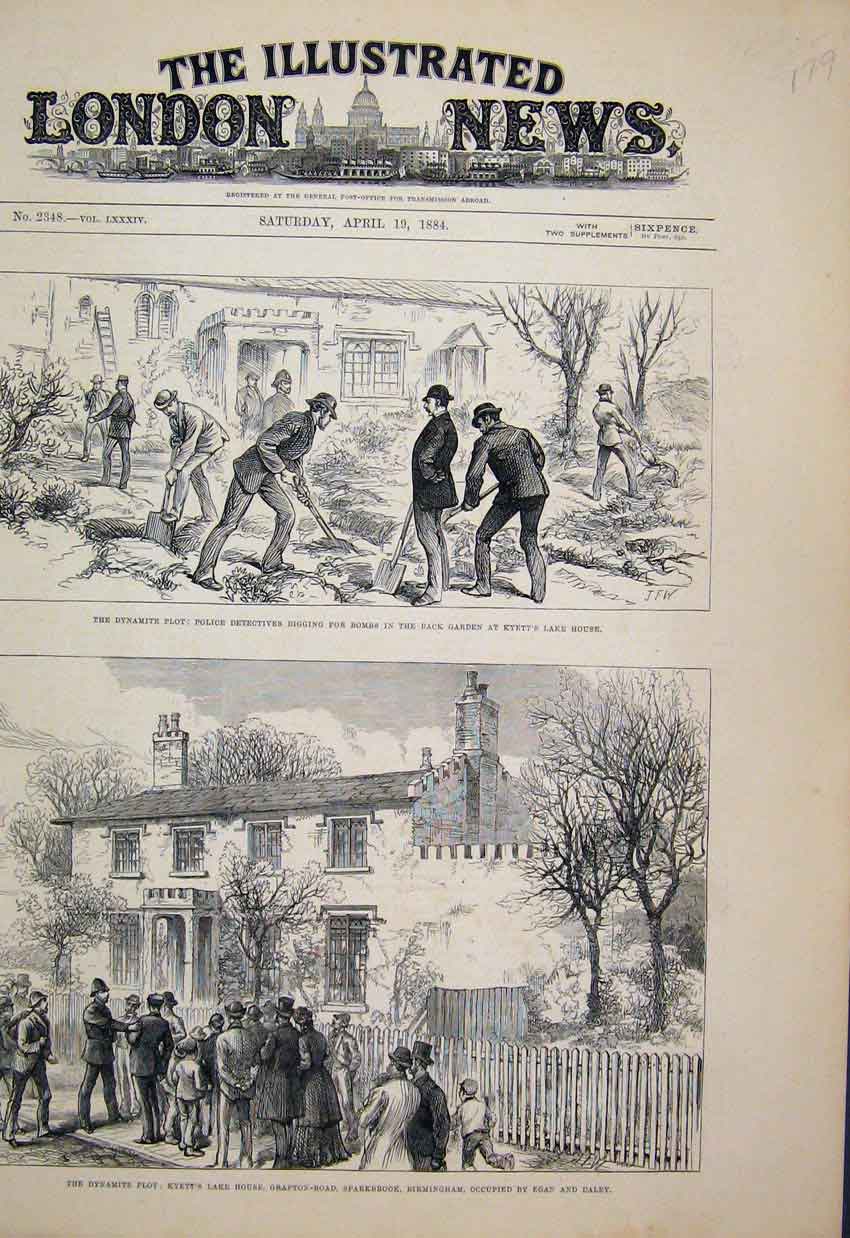 Original Old Antique Print 1884 Dynamite Plot Kyetts House Egan Daley Victorian