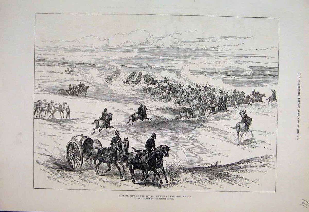 Original Old Antique Print 1882 Action Kassassin Horse Camel War Sketch 19th