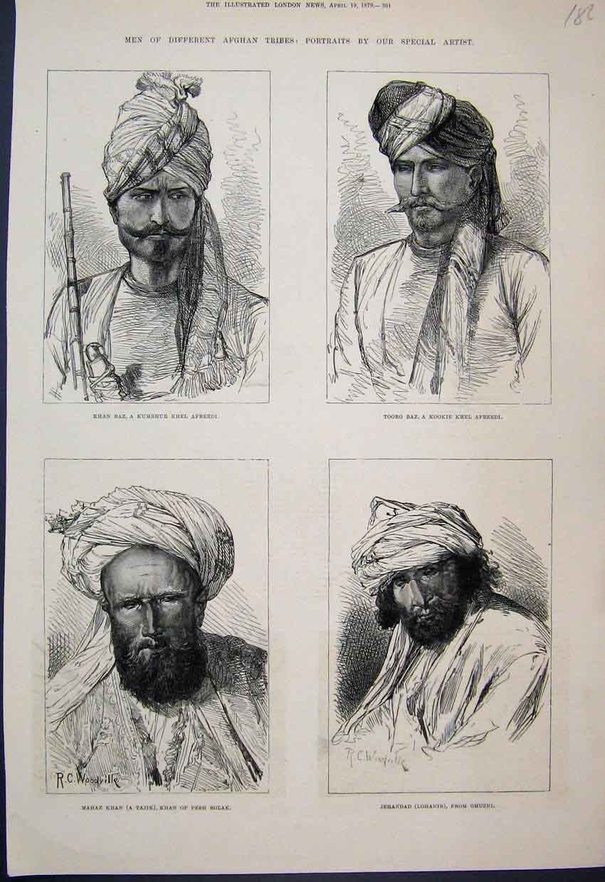 Old Antique Print 1879 Afghan Tribes Mahaz Khan Afreedi Ghuzni Portrait 19th