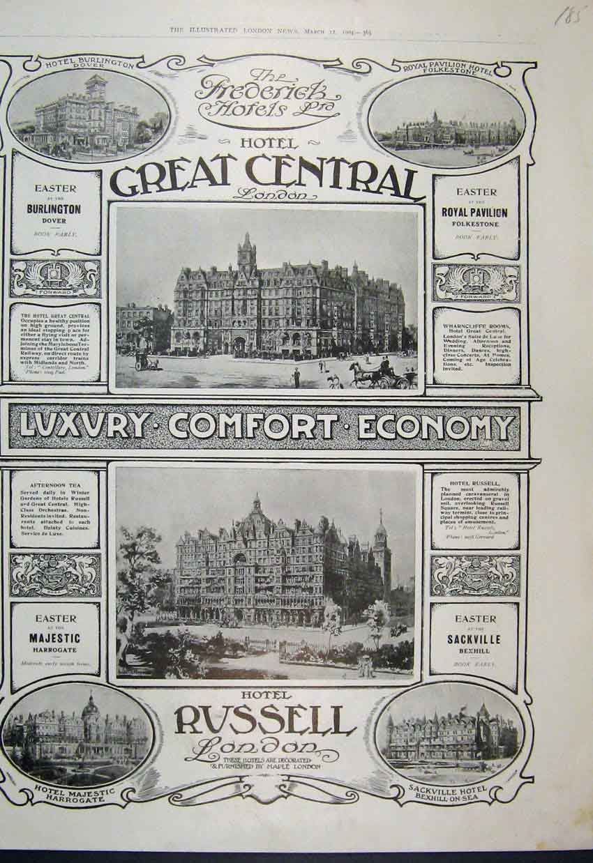 Original Old Antique Print 1904 Central Hotel Russell London Frederick 20th