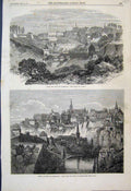 Original Old Antique Print 1867 Luxemburg Fort Town View River Trees Victorian