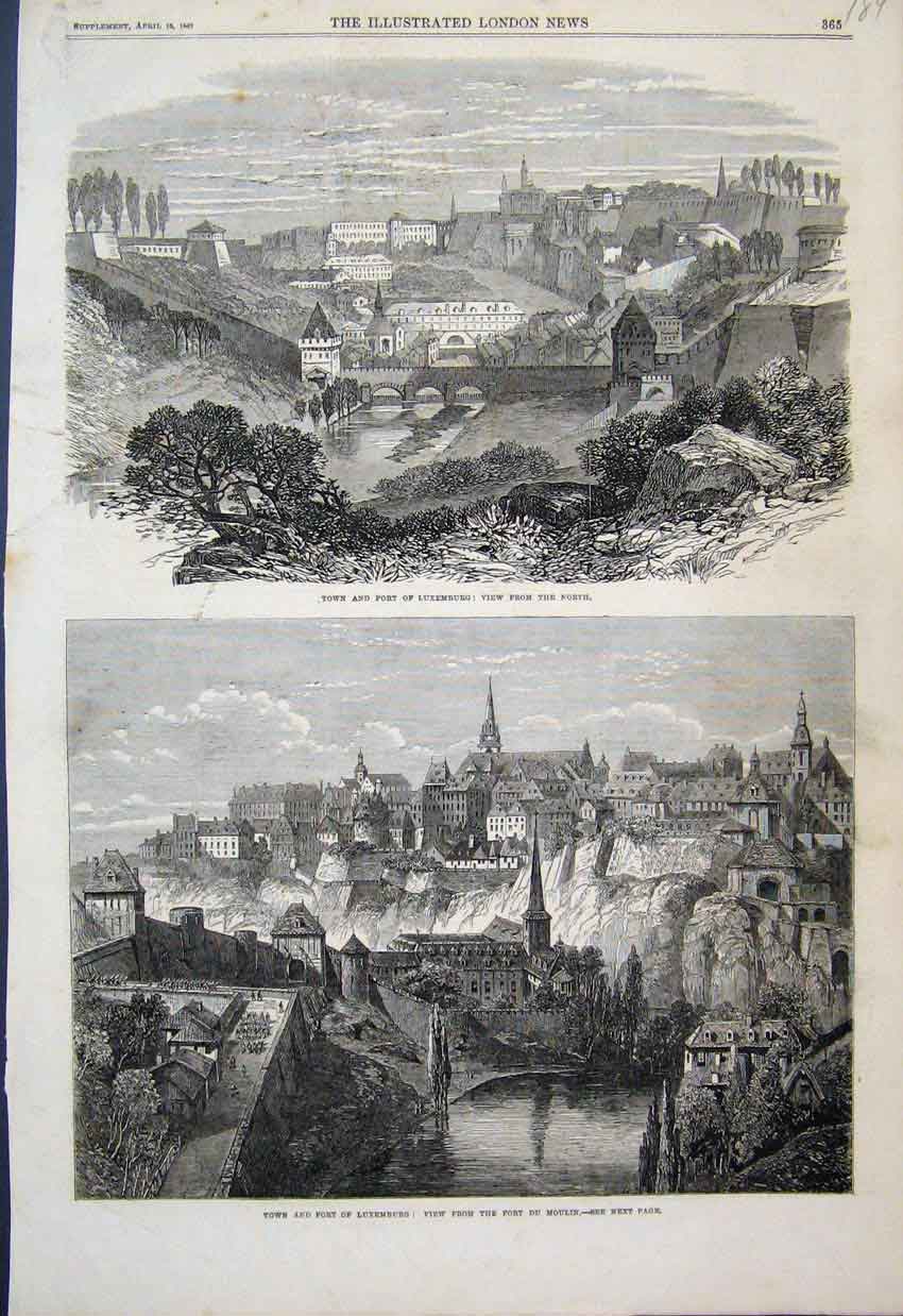 Original Old Antique Print 1867 Luxemburg Fort Town View River Trees Victorian
