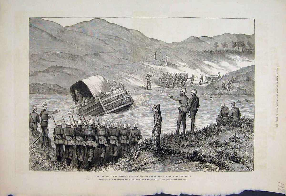 Old Antique Print 1881 Transvaal War Capsizing Pont Incangua River Sketch 19th