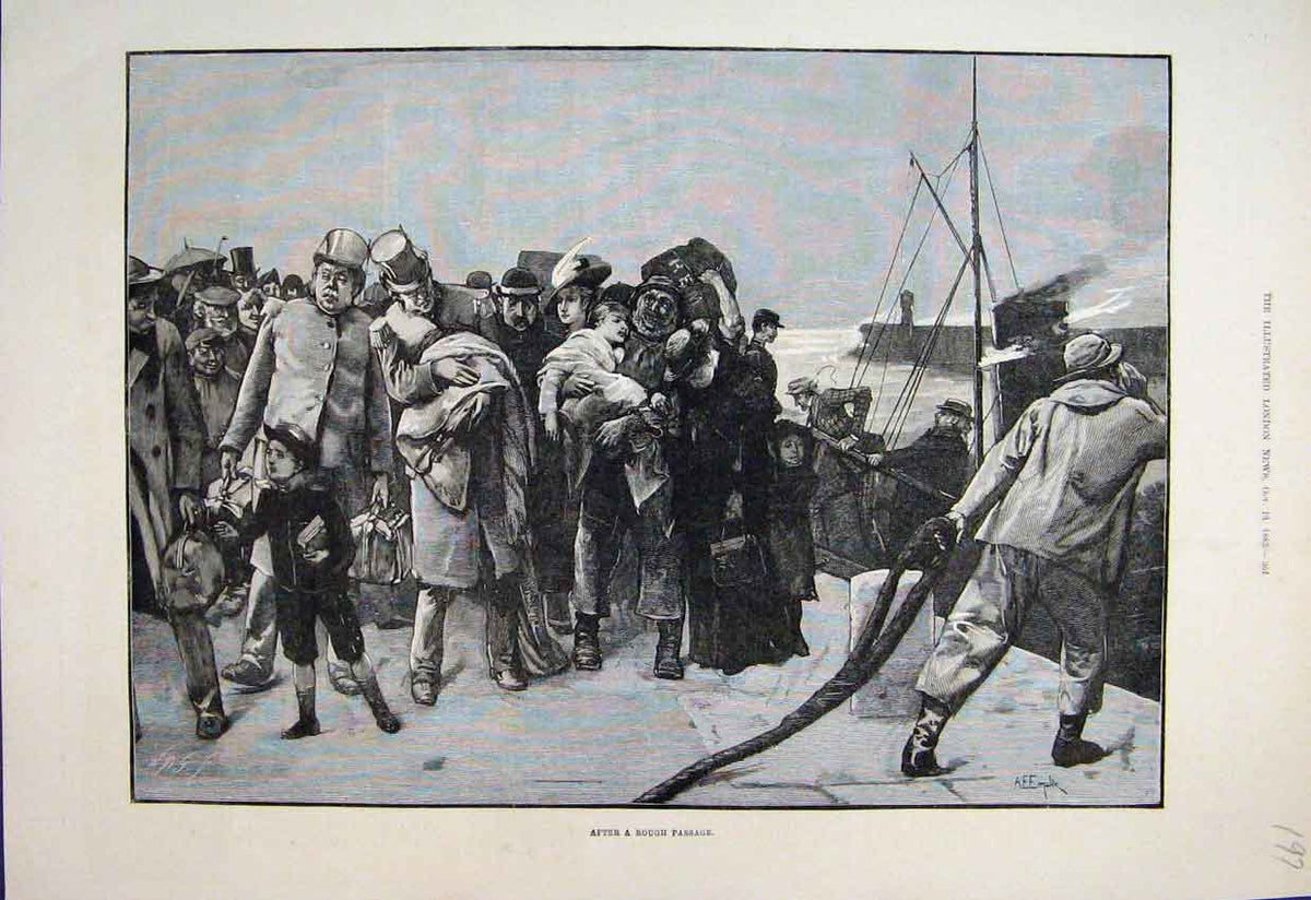 Original Old Antique Print 1883 People Dock Boat Rough Passage Harbour 19th