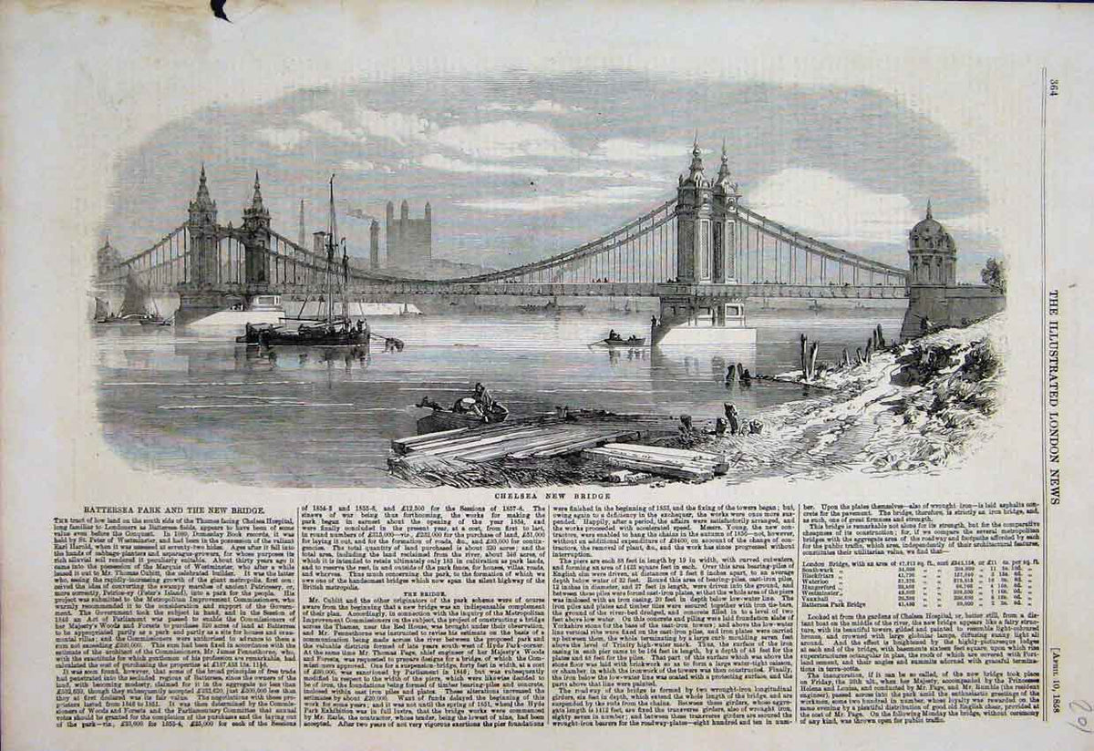 Original Old Antique Print 1858 Chelsea Bridge Boat Ship Scene 19th