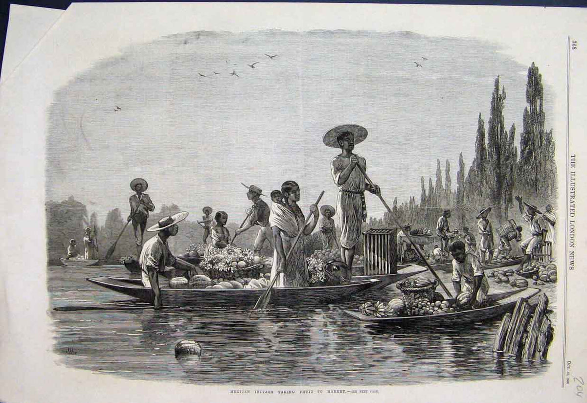 Original Old Antique Print 1866 Mexican Indians Fruit Market Boats River 19th