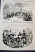 Original Old Antique Print 1844 Picnic Party Ascot Races Horses Carriage 19th