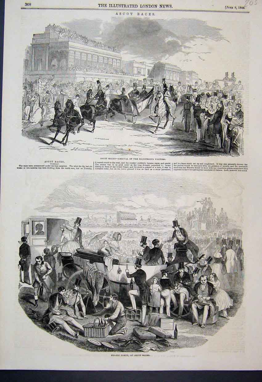 Original Old Antique Print 1844 Picnic Party Ascot Races Horses Carriage 19th