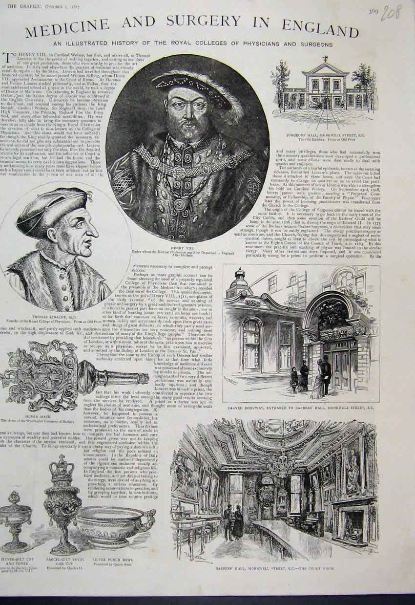 Original Old Antique Print 1887 Royal College Barbers Hall Henry Viii Victorian