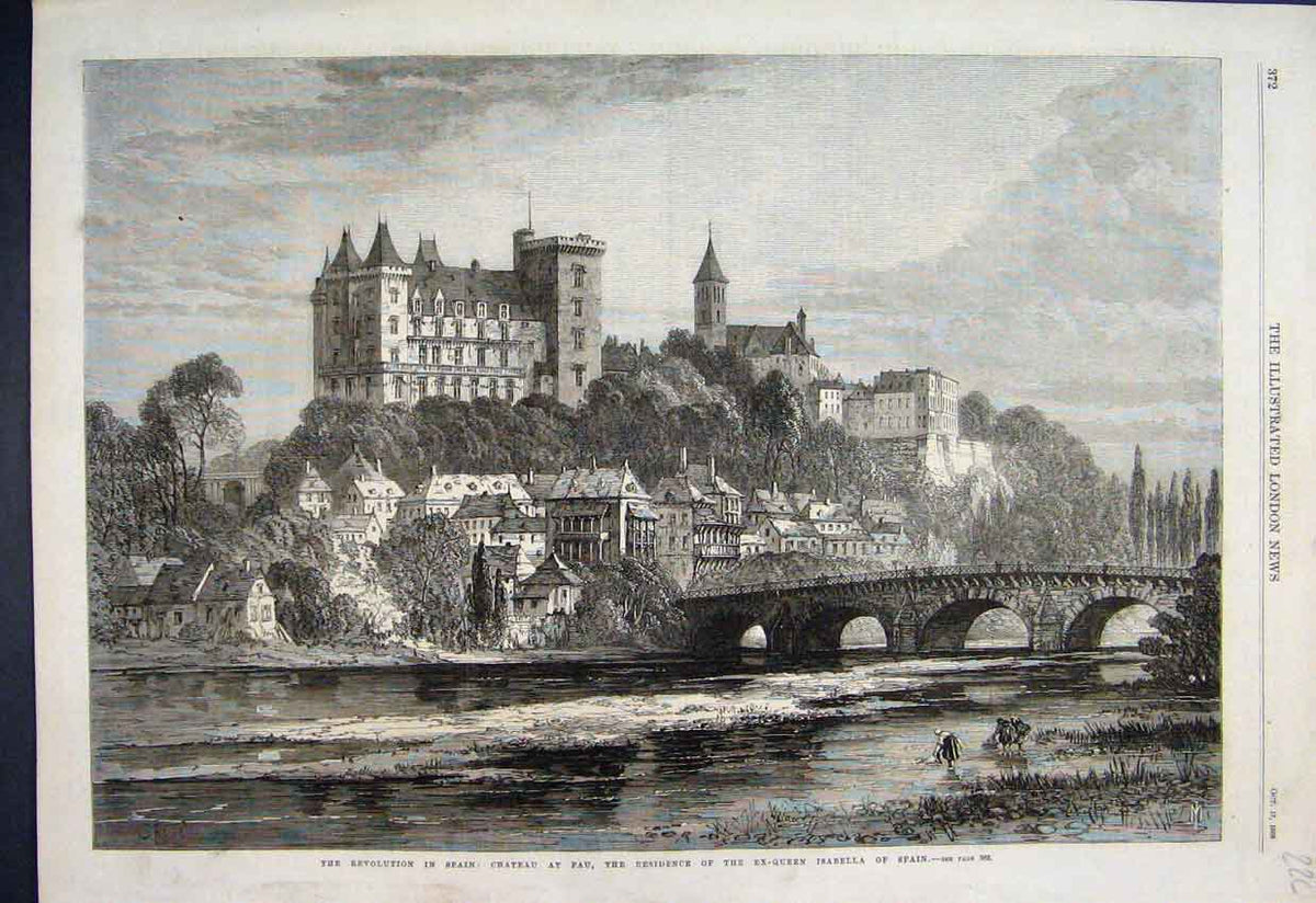 Original Old Antique Print 1868 Spain Chateau Pau Residence Isabellla Victorian