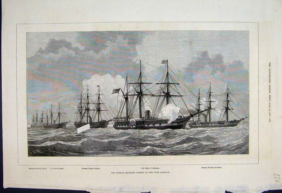 Original Old Antique Print 1877 Russian Squadron New York Harbour Victorian