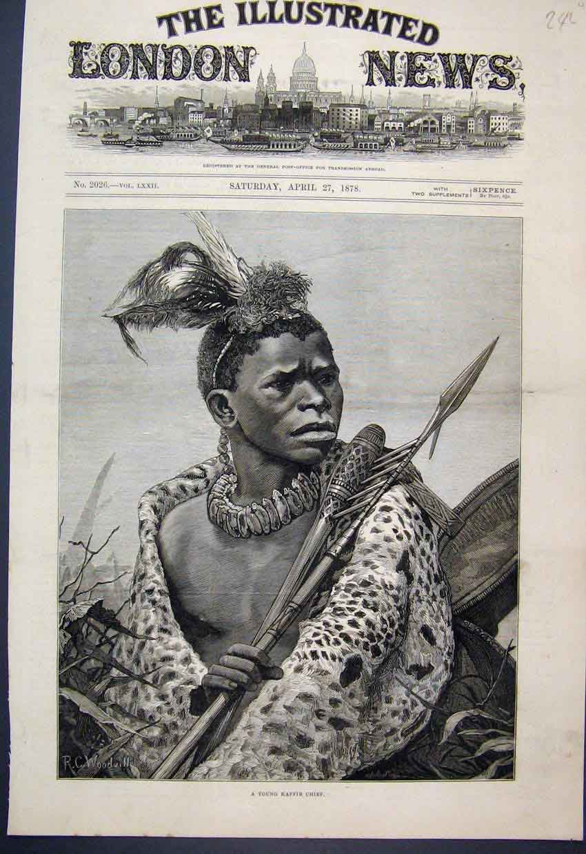 Original Old Antique Print 1878 Young Kaffir Chief Portrait 19th