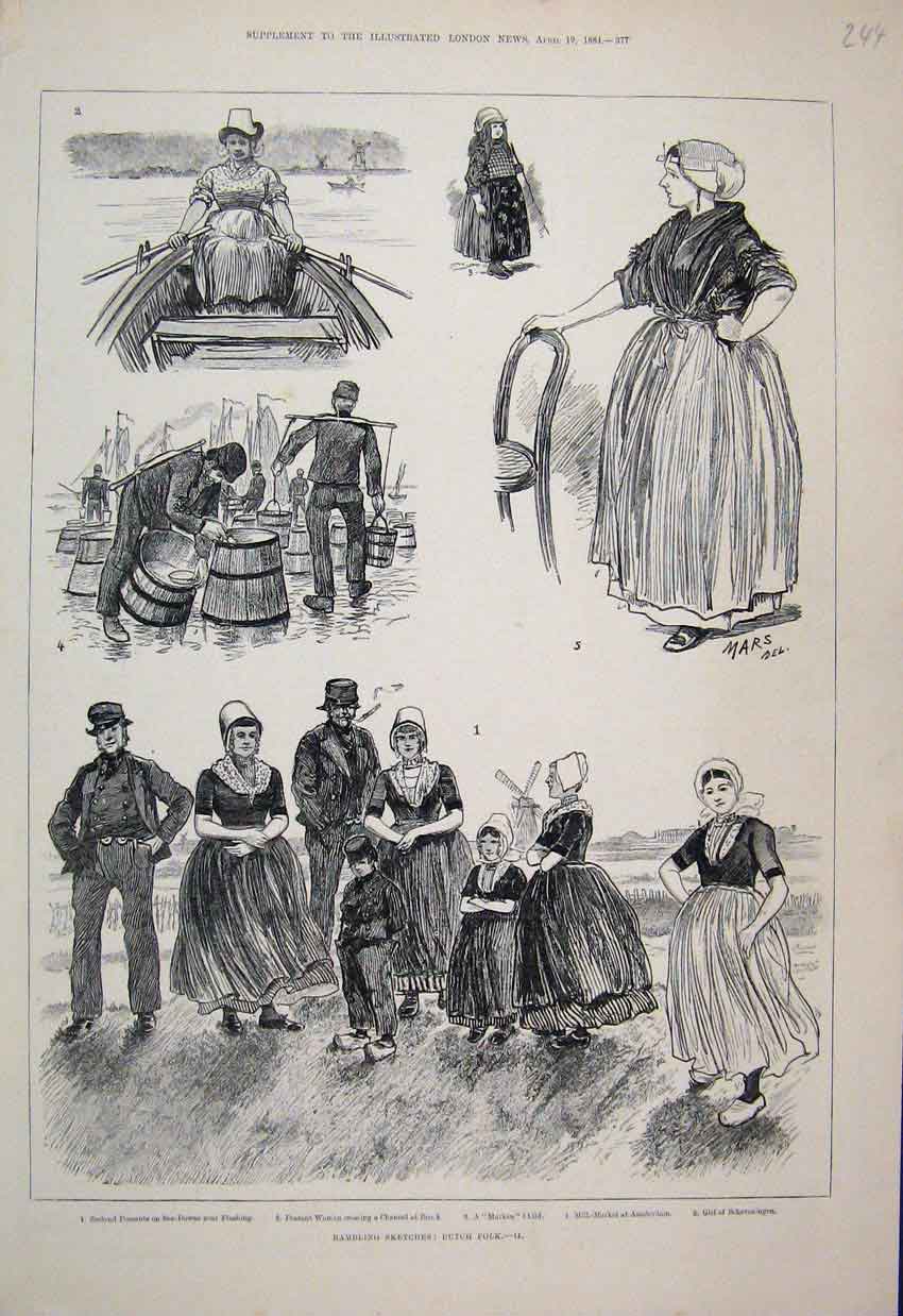 Old Antique Print 1884 Dutch Folk Peasants Milk Market Rambling Sketches 19th